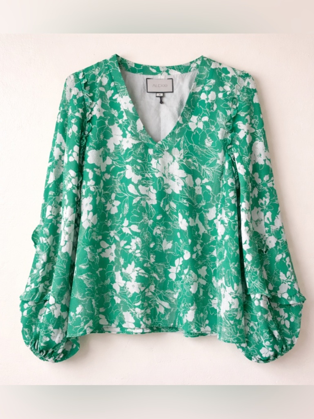 Alexis floral ruffled trim bishop sleeve blouse green &white